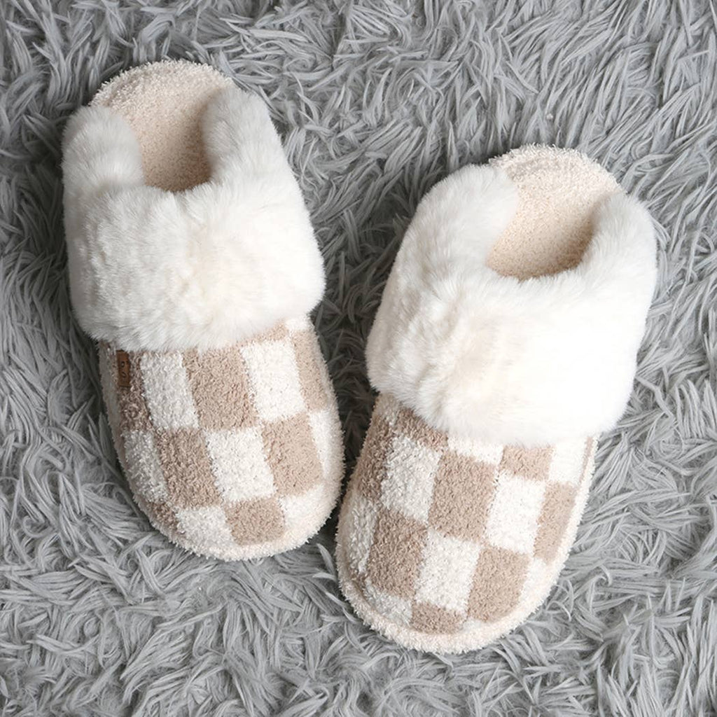 Checkered Faux Fur Cuff Luxury Soft Slipper