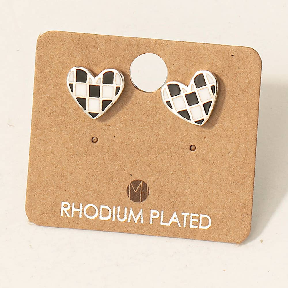 Gold Dipped Checkered Heart Stud Earrings