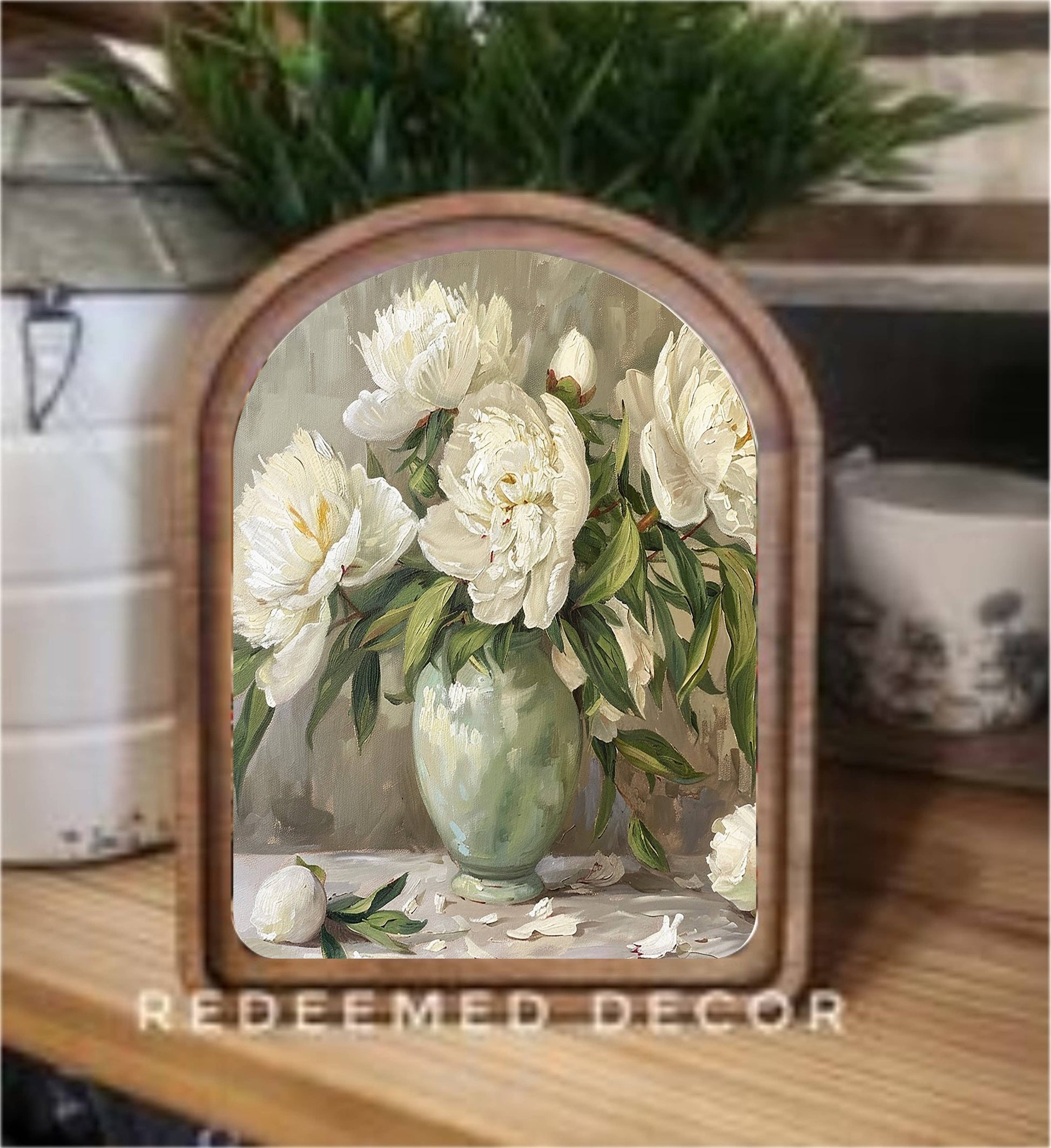 6x8 Arch Top Muted Peony Framed Art