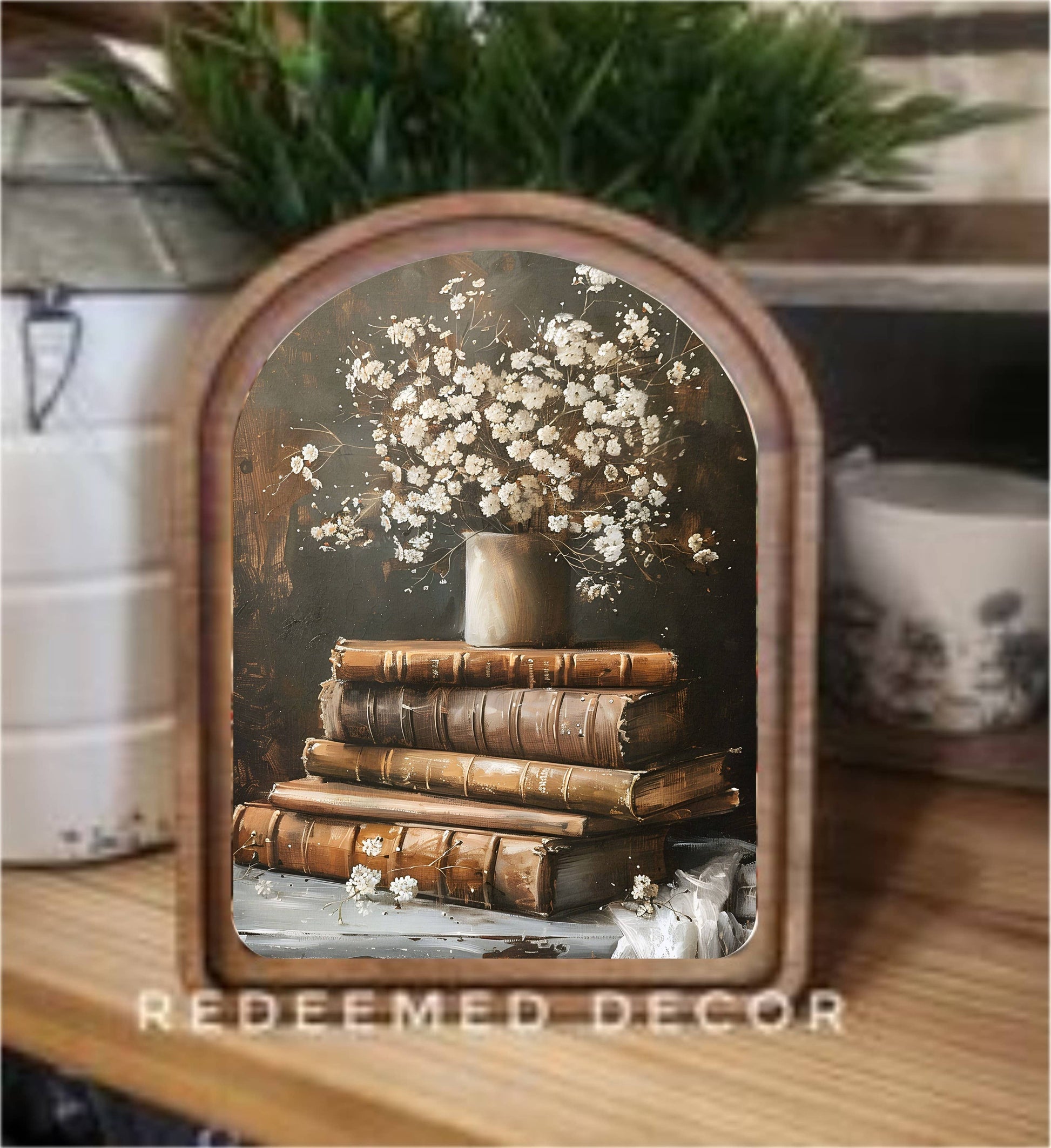 6x8 Arch Top Books With Flowers Framed Art