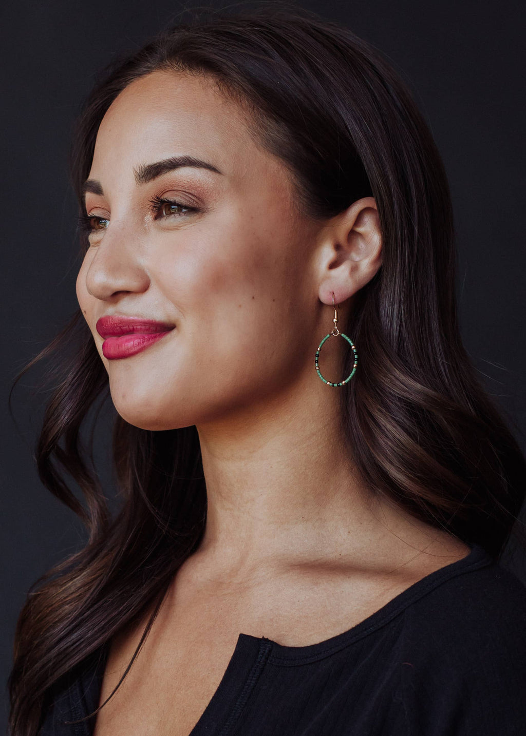 Teal Beaded Dangle Hoop Earrings  - Multicolored