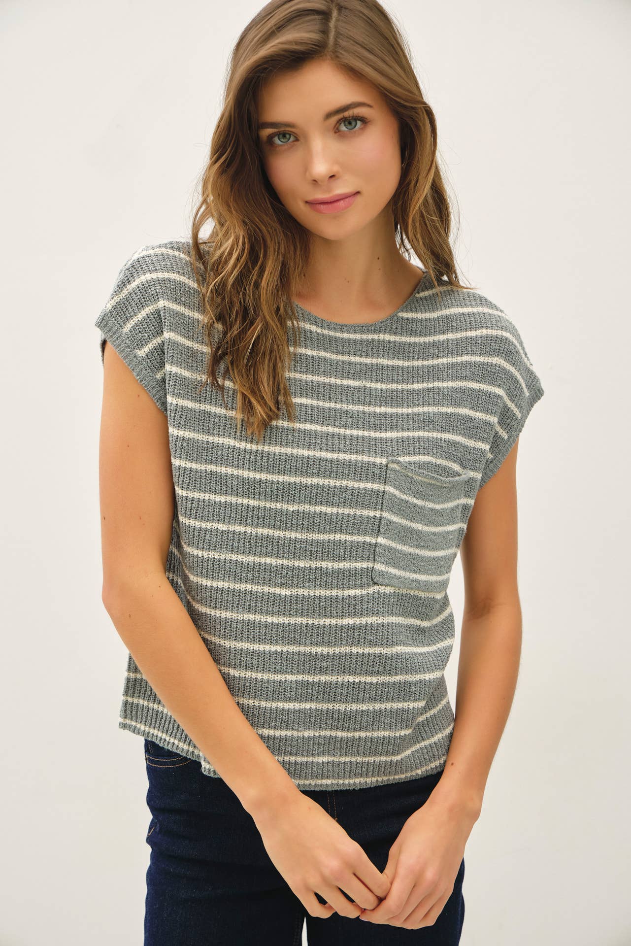 STRIPED CAP SLEEVE SWEATER W FRONT PATCH POCKET
