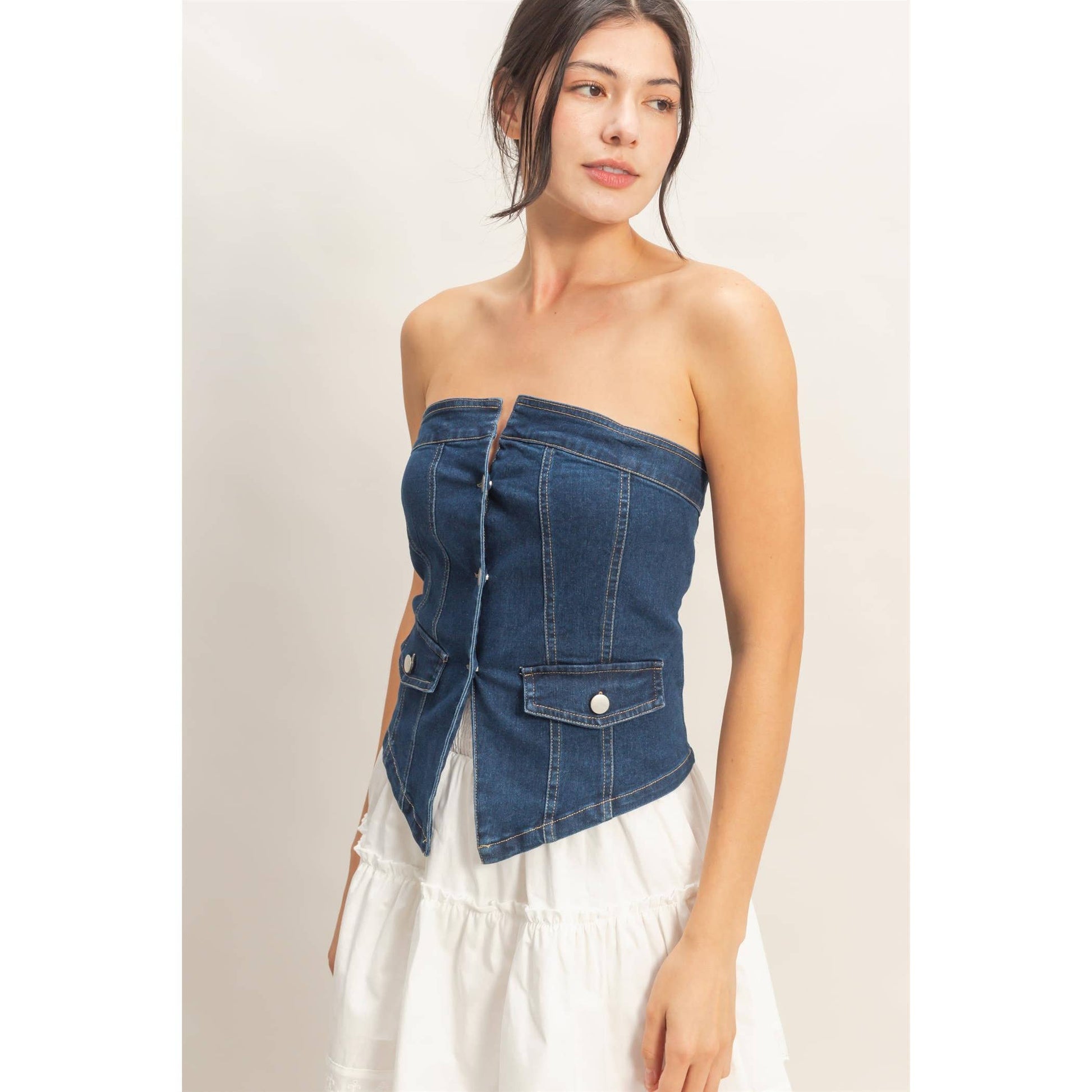 Strapless Button-Up Denim Top