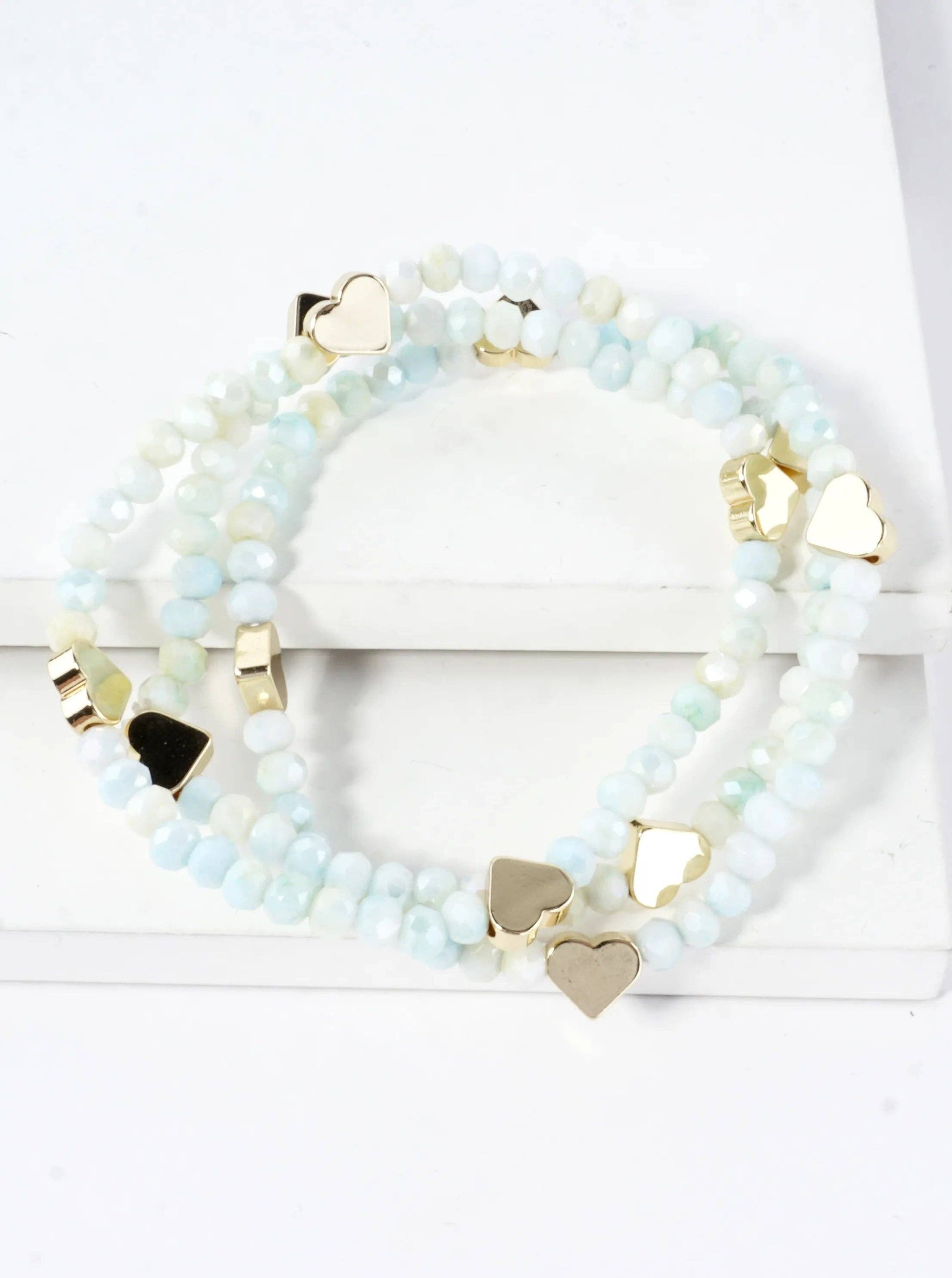 3-PC Set Faceted Glass Beads Hearts Stretch Bracelets