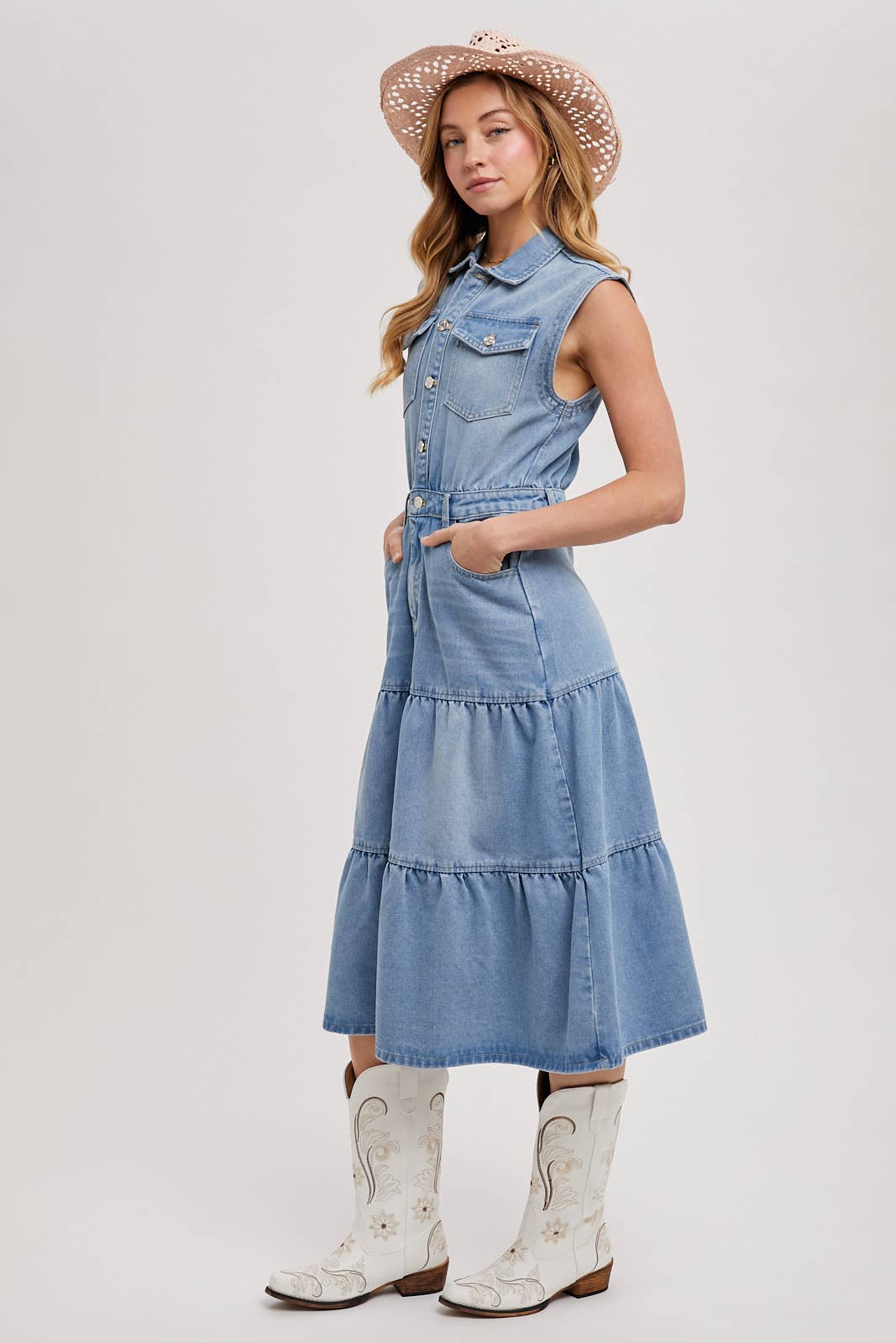 DENIM SLEEVELESS SHIRT TIERED MIDI DRESS