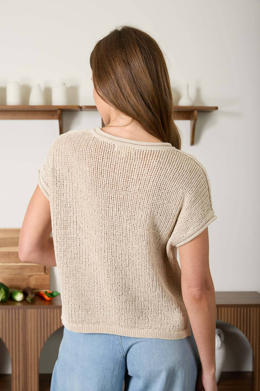 Split Neck Short Sleeve Knit Top
