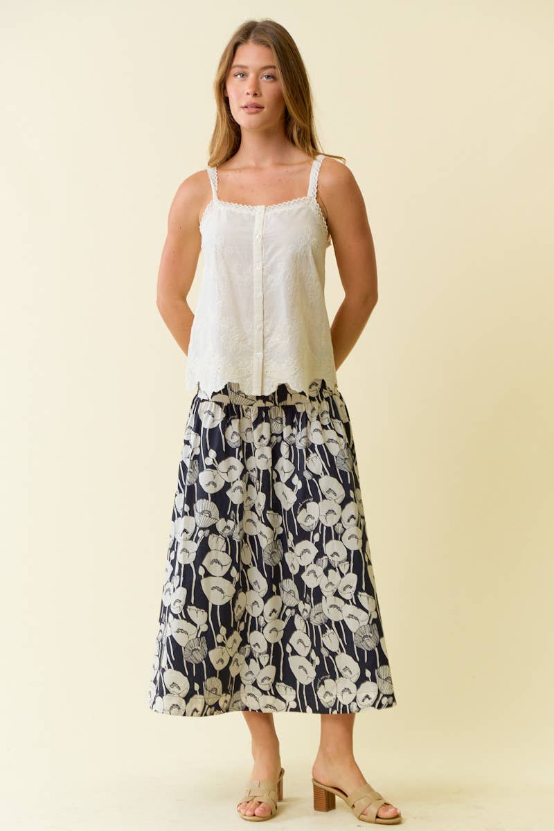 SCALLOP FRONT BUTTON DOWN LACE STRAP TANK TOP