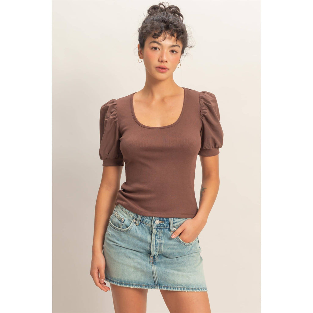 Ribbed Puff Sleeve Scoop Neck Top