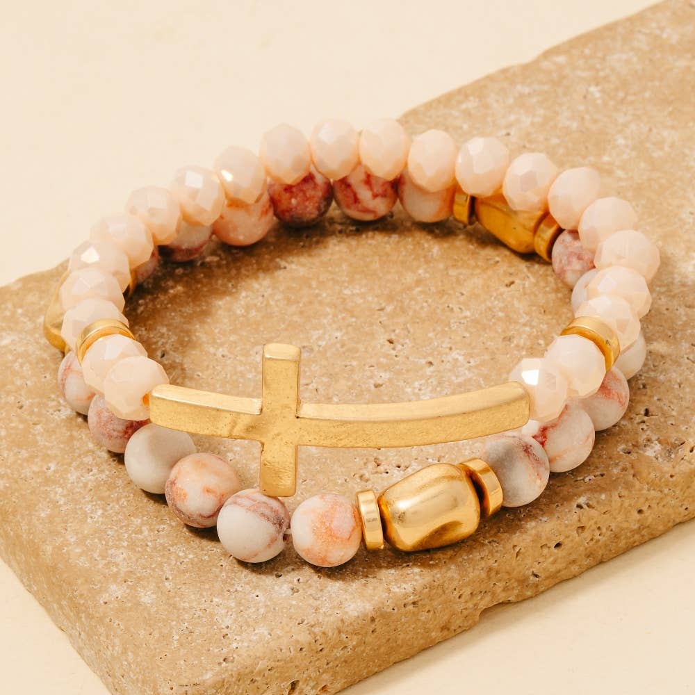 Cross Charm Stone Beaded Bracelet Set