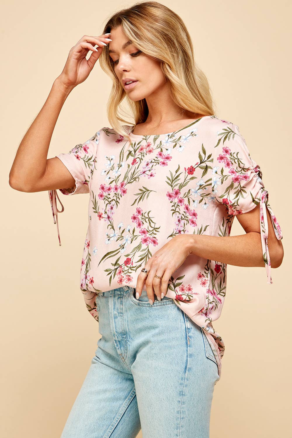 Floral Printed Top with Ruched Sleeves