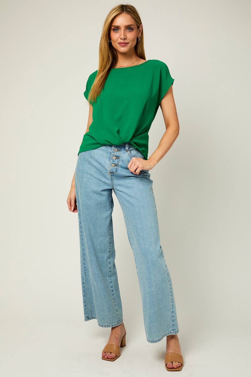 SOLID WOVEN BLOUSE WITH FRONT KNOT DETAIL