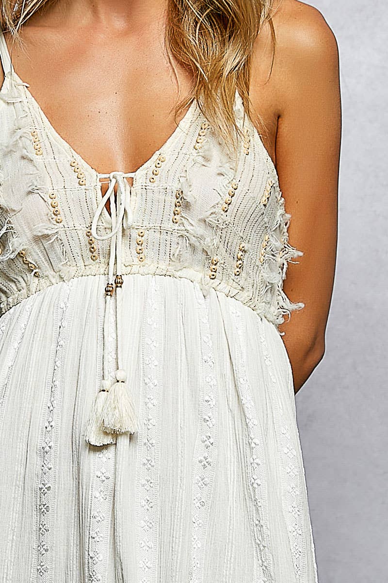 V-Neck Boho Beaded Smocked Dress