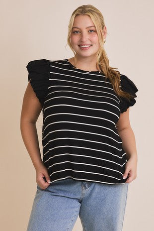 Curvy Puff sleeve knit & woven mix stripe top