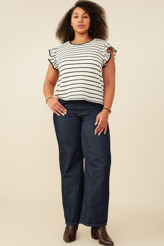 Curvy Contrast Piped Textured Stripe Knit Top