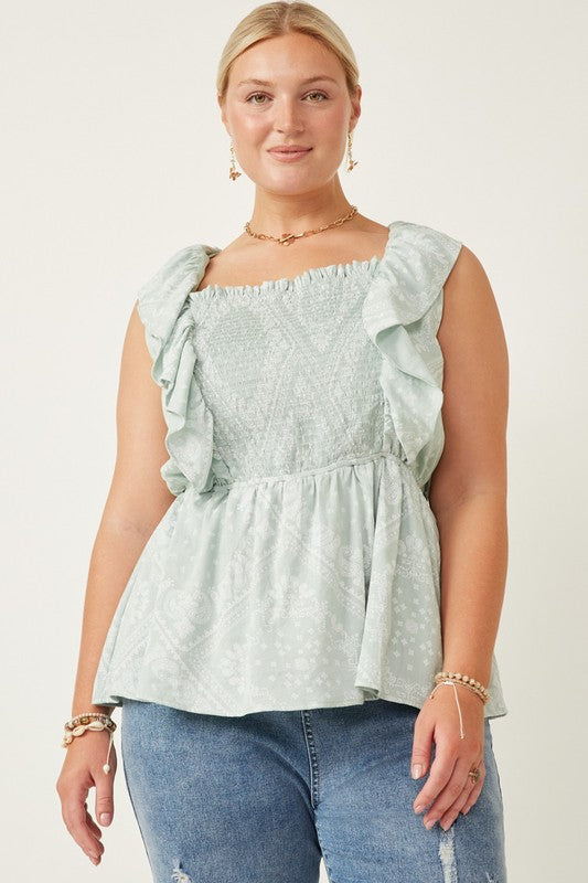 Curvy Handkerchief Print Smocked Ruffle Tank