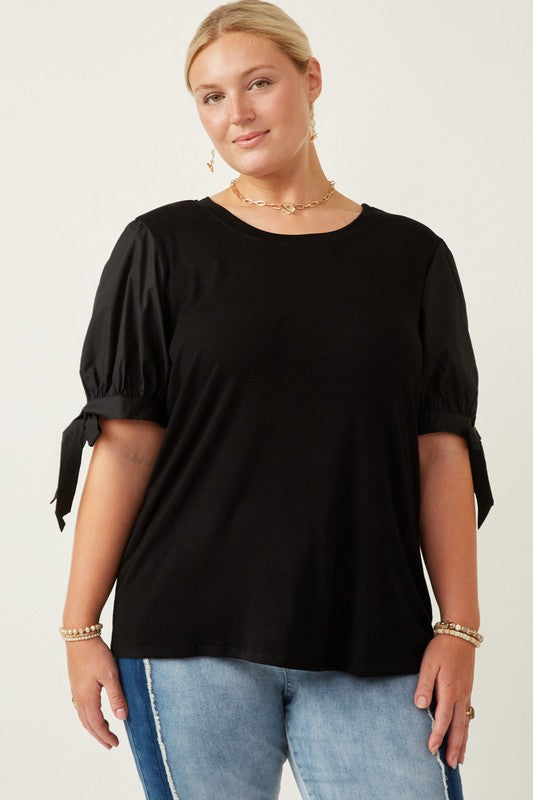 Curvy Mix Media Poplin tie sleeve top
