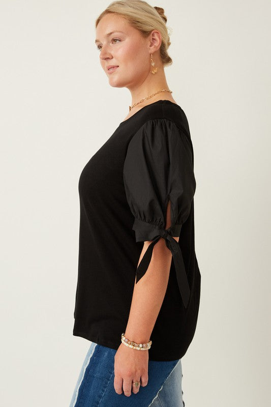 Curvy Mix Media Poplin tie sleeve top