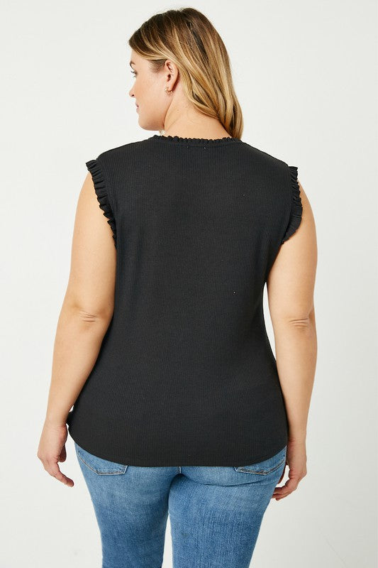 Curvy Ruffle Trim Ribbed Knit Tank