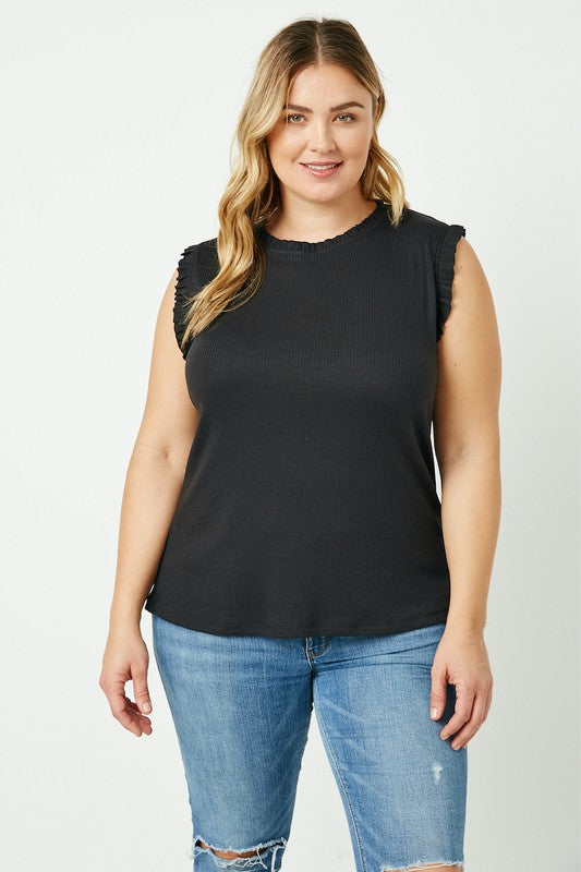 Curvy Ruffle Trim Ribbed Knit Tank