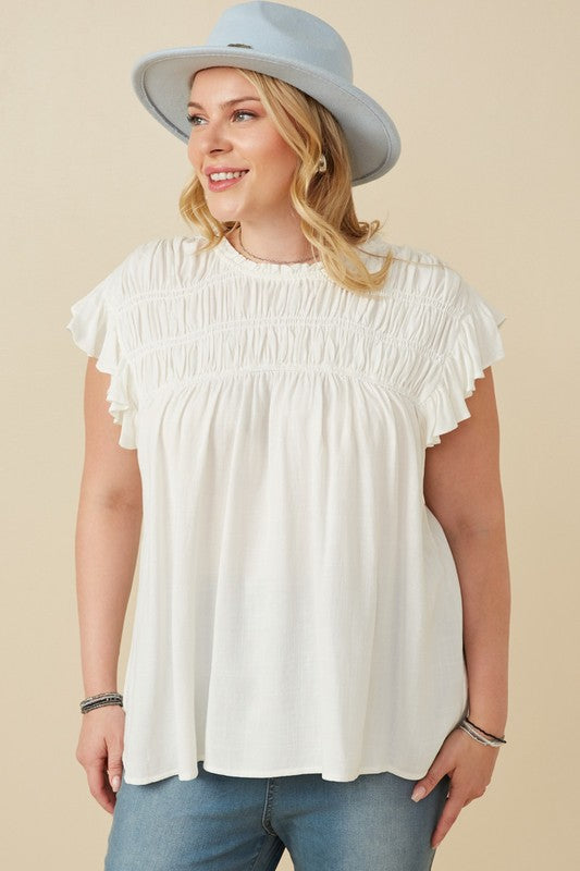 Curvy Textured Smocked Ruffle Detail Top