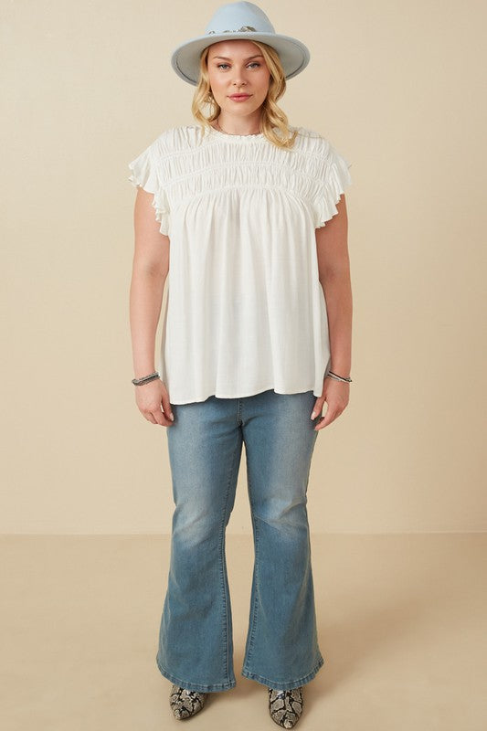 Curvy Textured Smocked Ruffle Detail Top