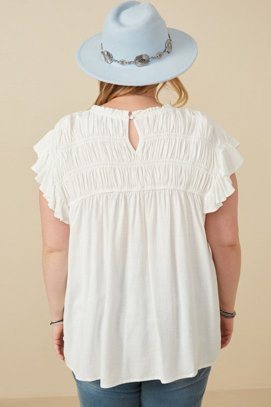 Curvy Textured Smocked Ruffle Detail Top