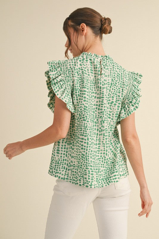 Curvy Print Ruffle Cap Sleeve Top