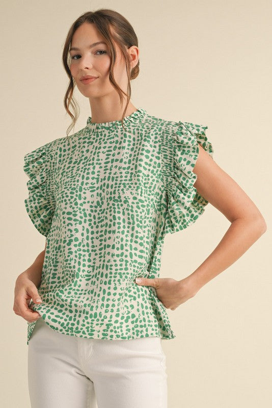 Curvy Print Ruffle Cap Sleeve Top