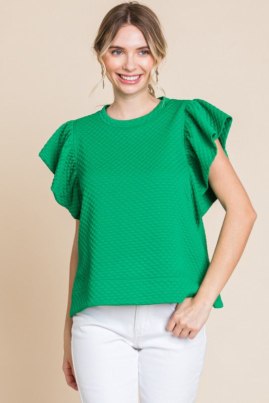 Embossing Texture Ruffle Sleeve Top