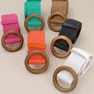WOODEN BUCKLE WOVEN RATTAN STRETCH WAIST BELT
