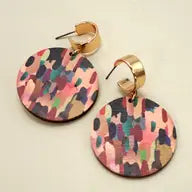 CAMO PRINT WOOD CIRCLE DROP HOOP EARRINGS