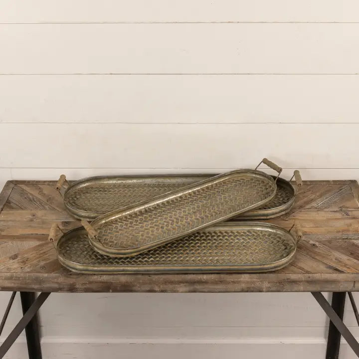 oval woven metal tray s/3