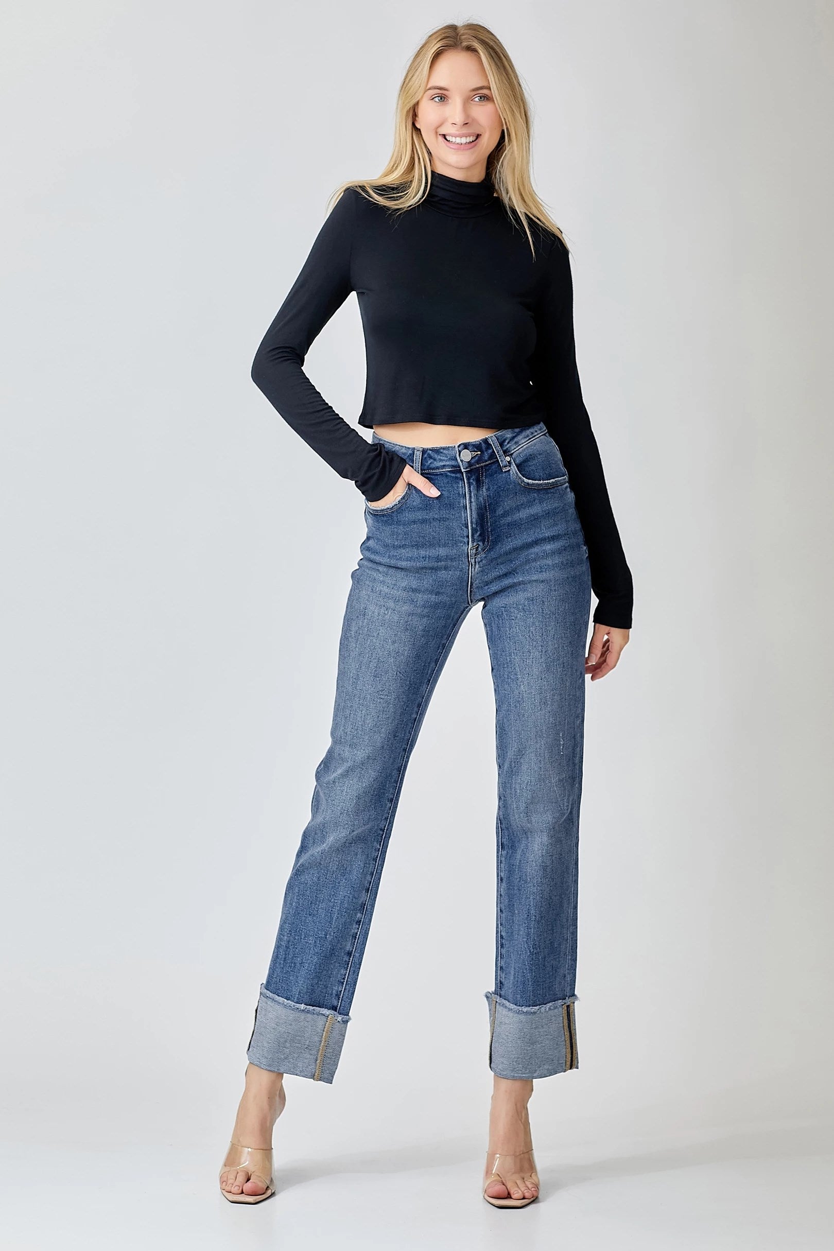 Risen High Rise Straight Cuffed Relaxed Jeans