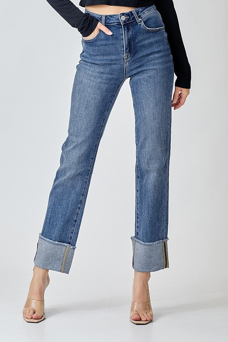 Risen High Rise Straight Cuffed Relaxed Jeans