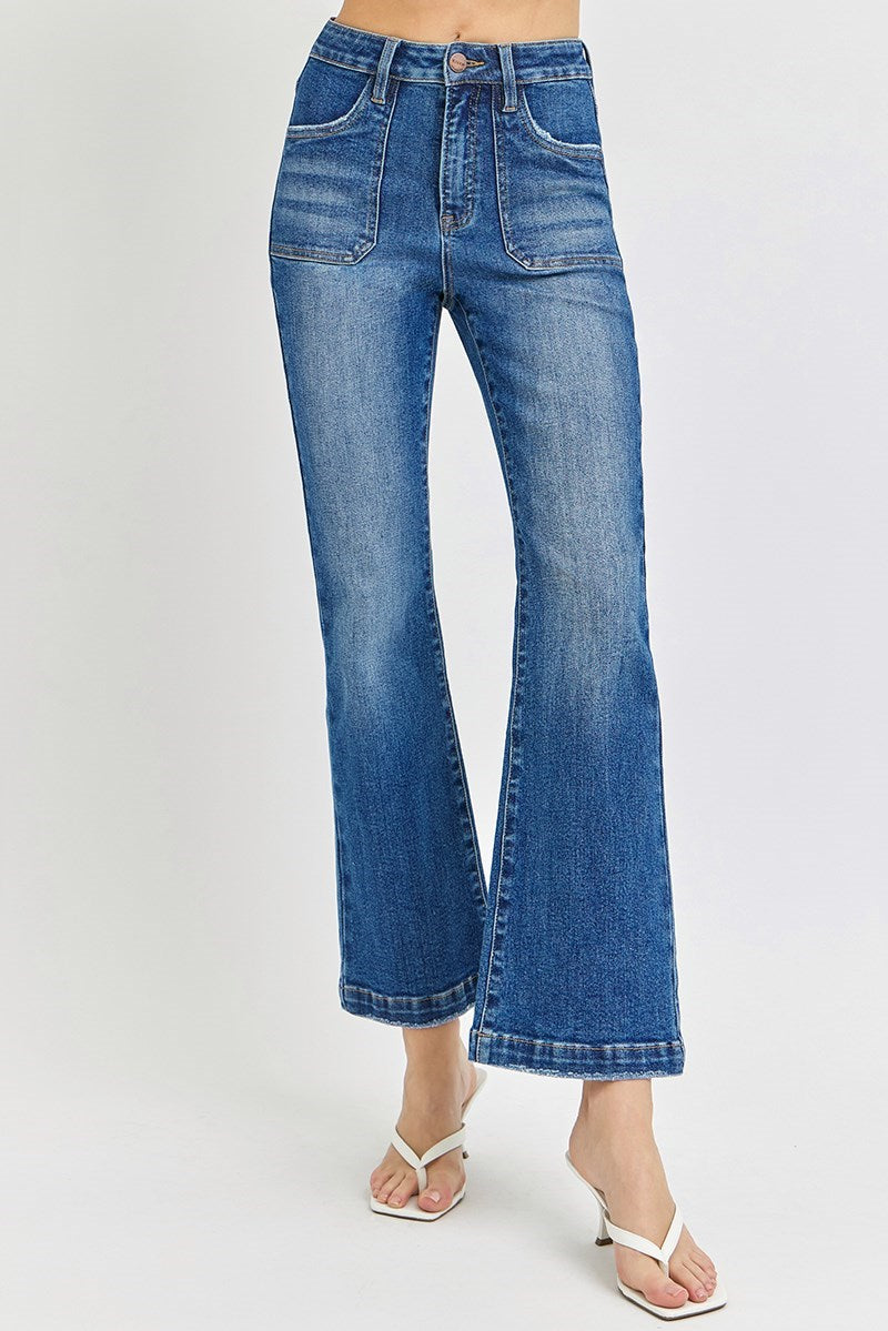 Curvy Risen High Rise Patch Pocket Flare Jeans