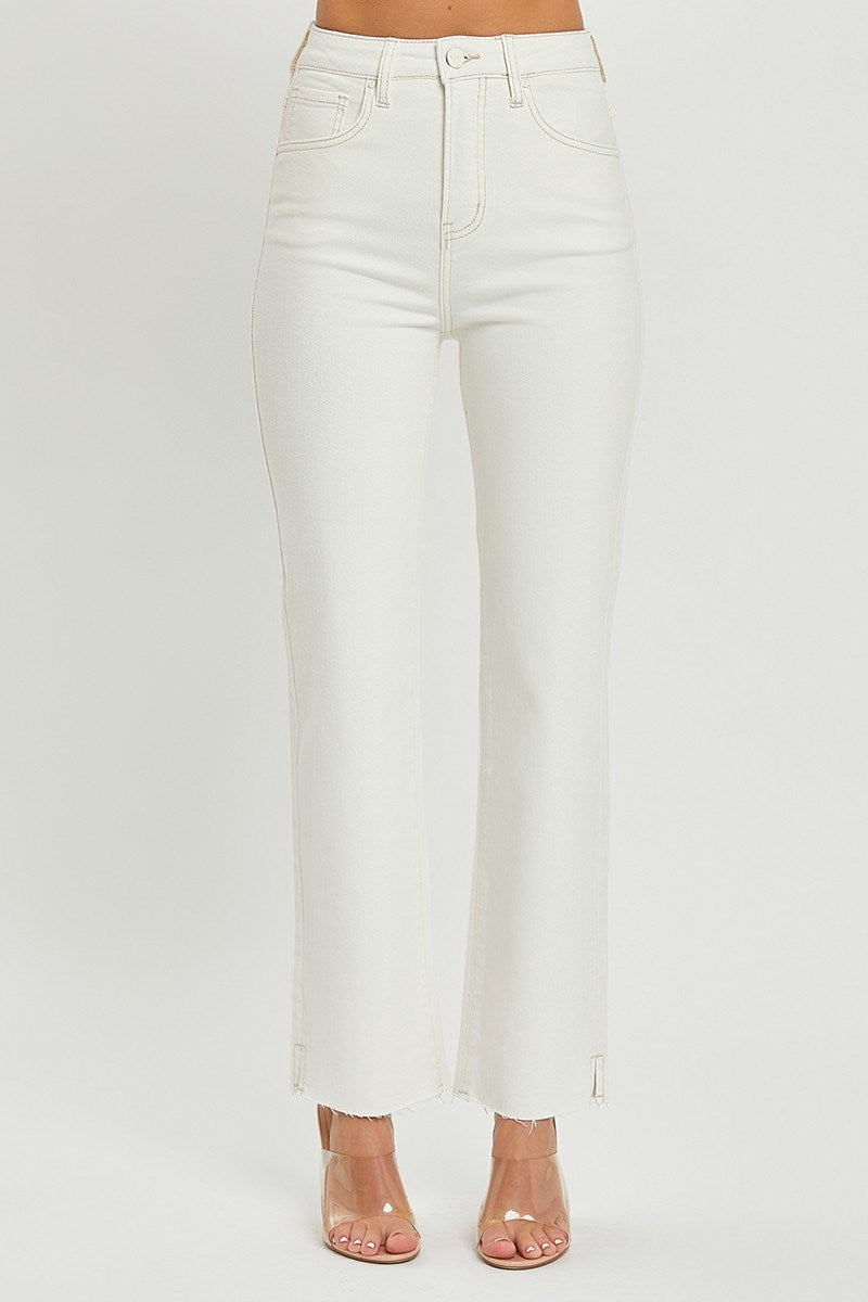 Curvy Risen White Ankle Raw Hem Tummy Control jean