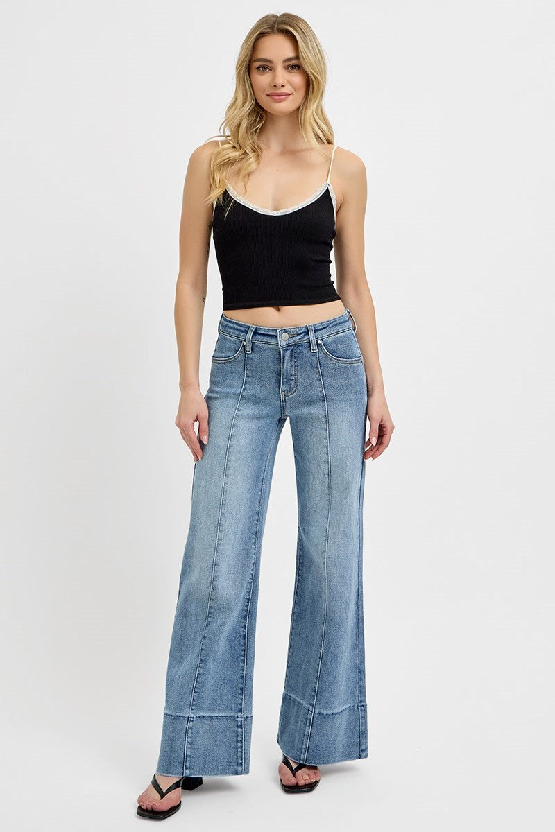 Risen TC Mid Rise Pintuck Wide Flare Jeans