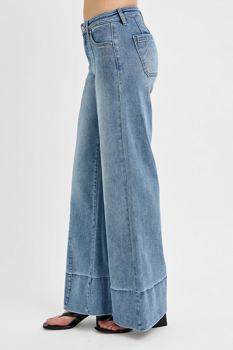 Risen TC Mid Rise Pintuck Wide Flare Jeans