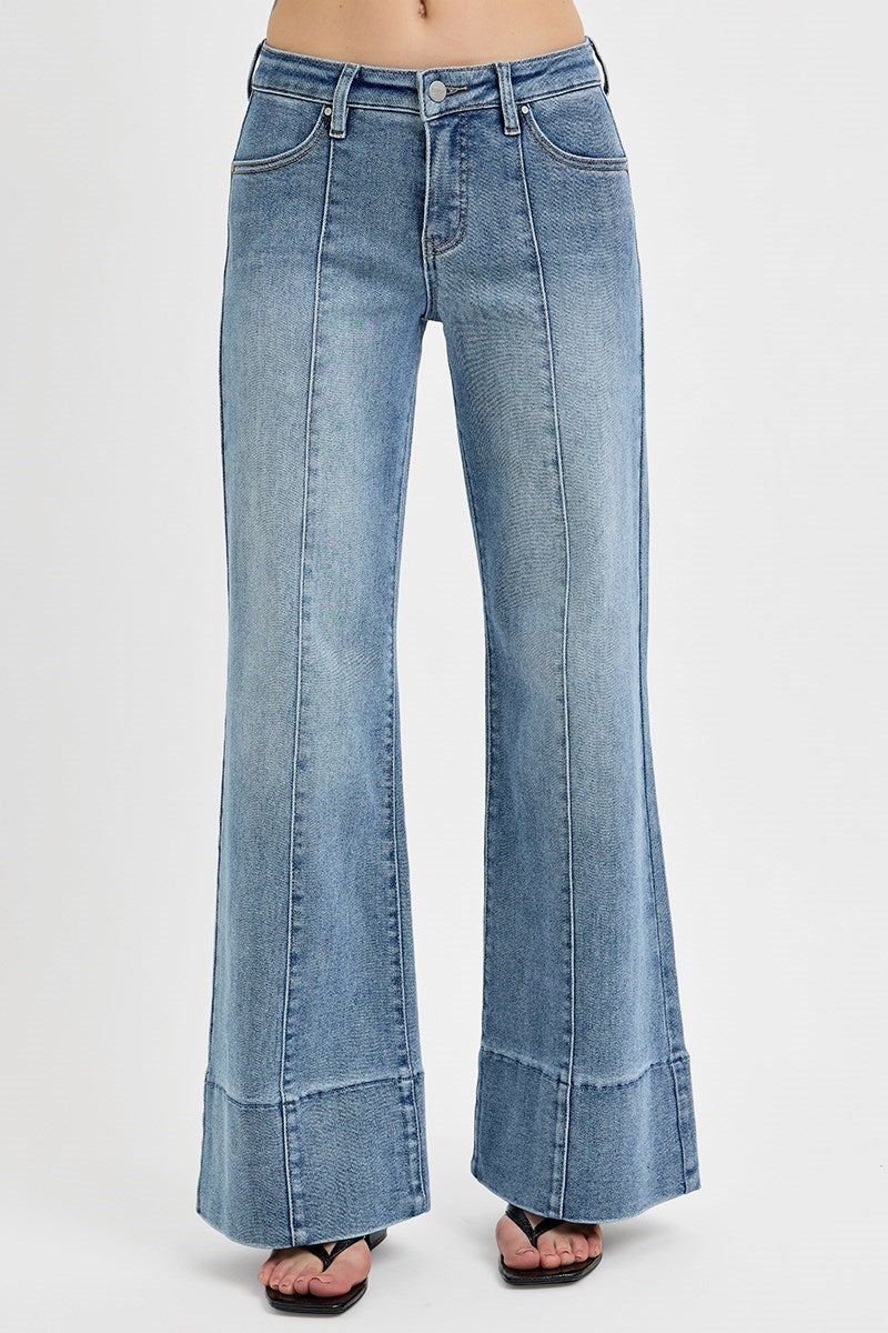 Risen TC Mid Rise Pintuck Wide Flare Jeans