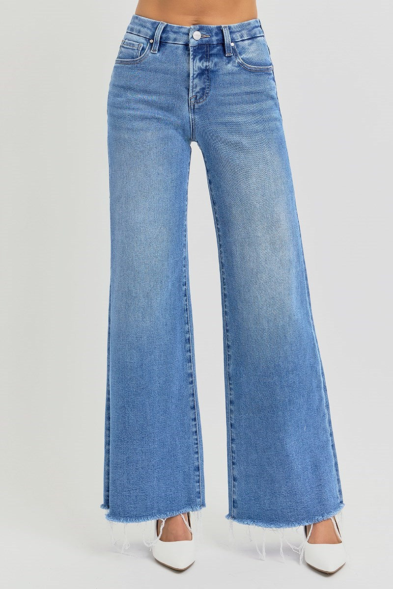 Curvy Risen TC Mid Rise Raw Hem Wide Leg Jean