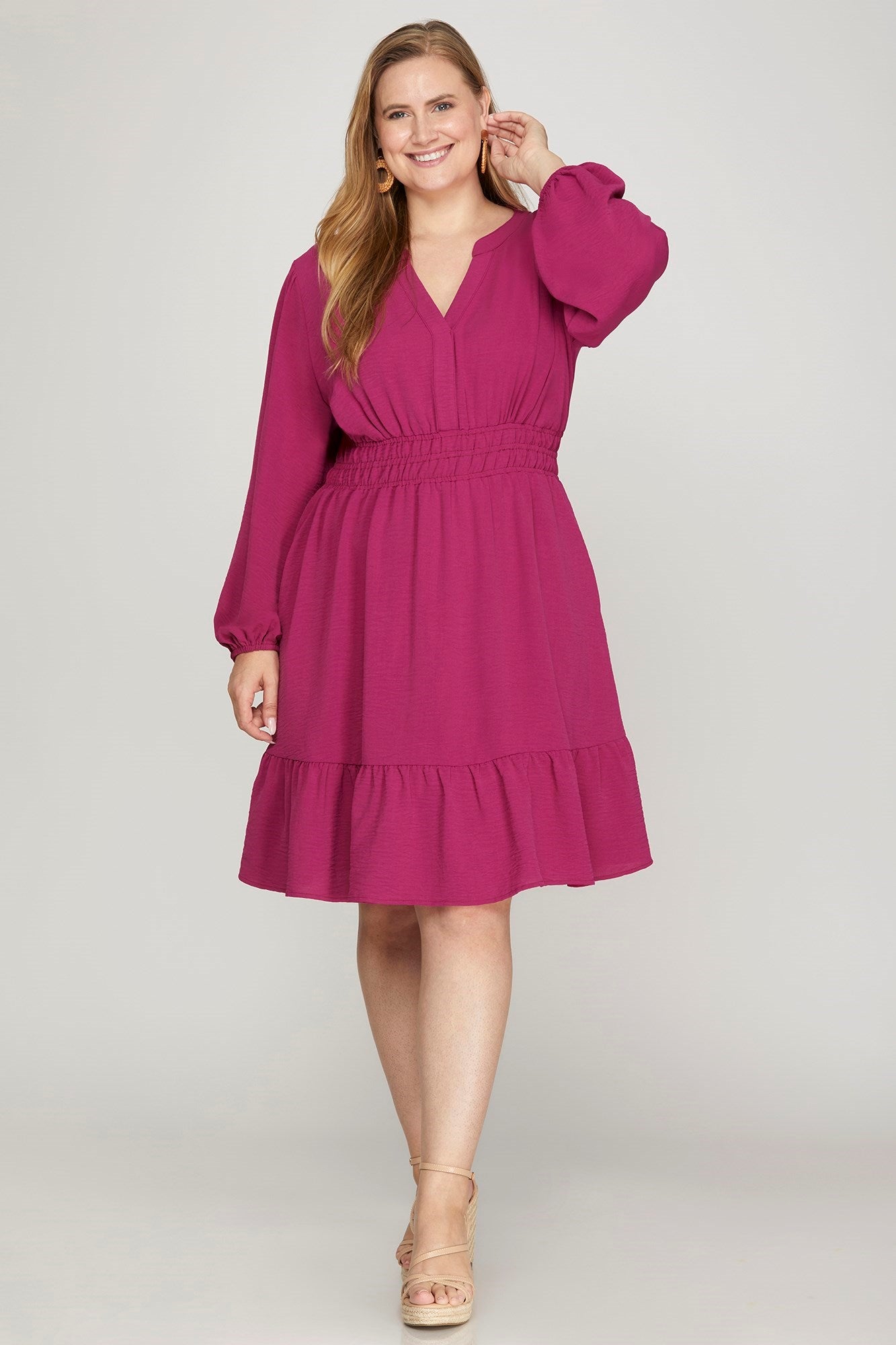 Curvy Long Sleeved Elastic Waist Ruffle Hem Dress