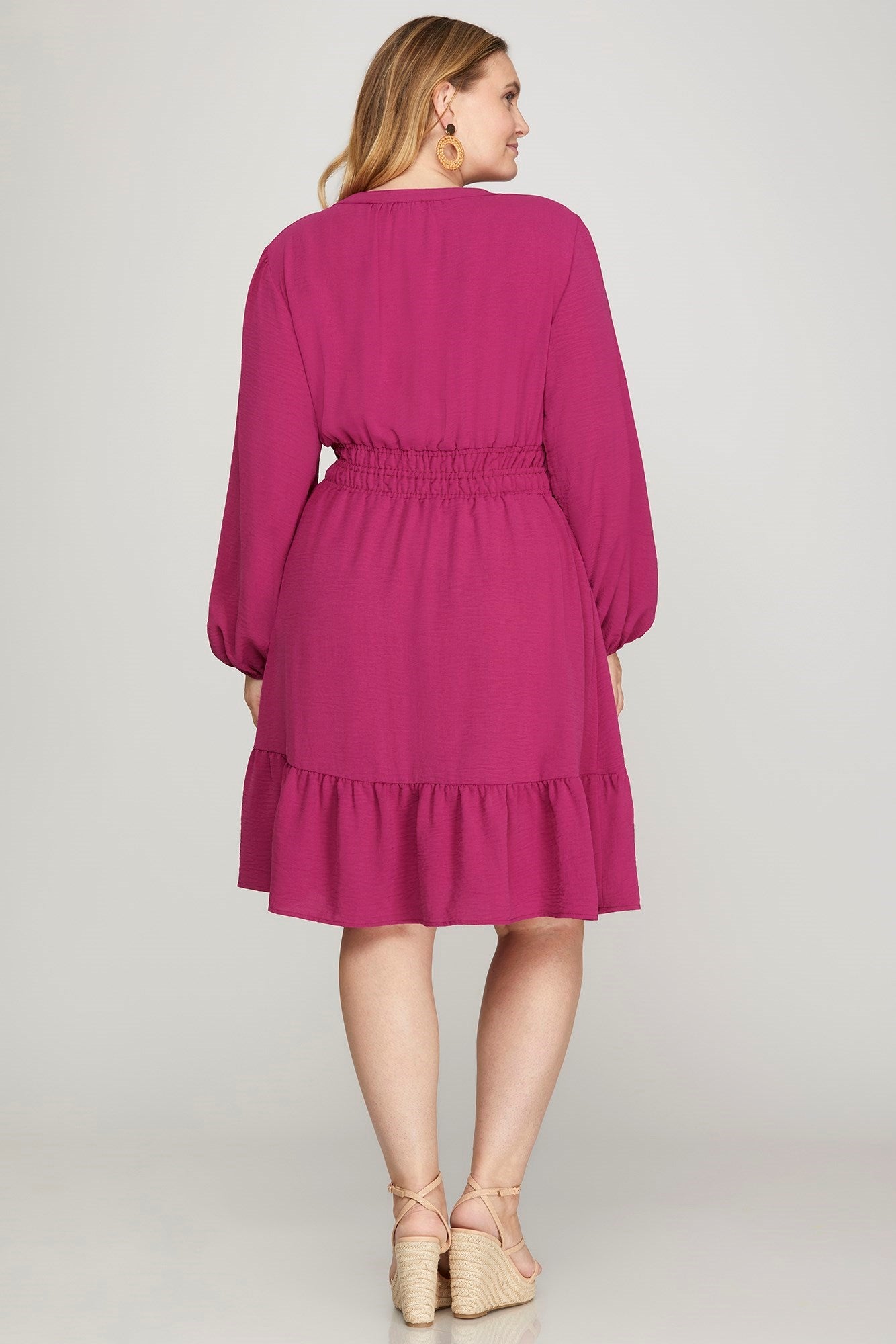 Curvy Long Sleeved Elastic Waist Ruffle Hem Dress