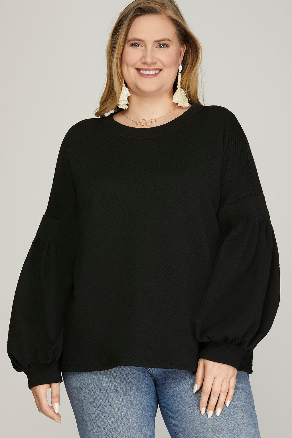 Curvy Bubble Long-sleeve Textured Top