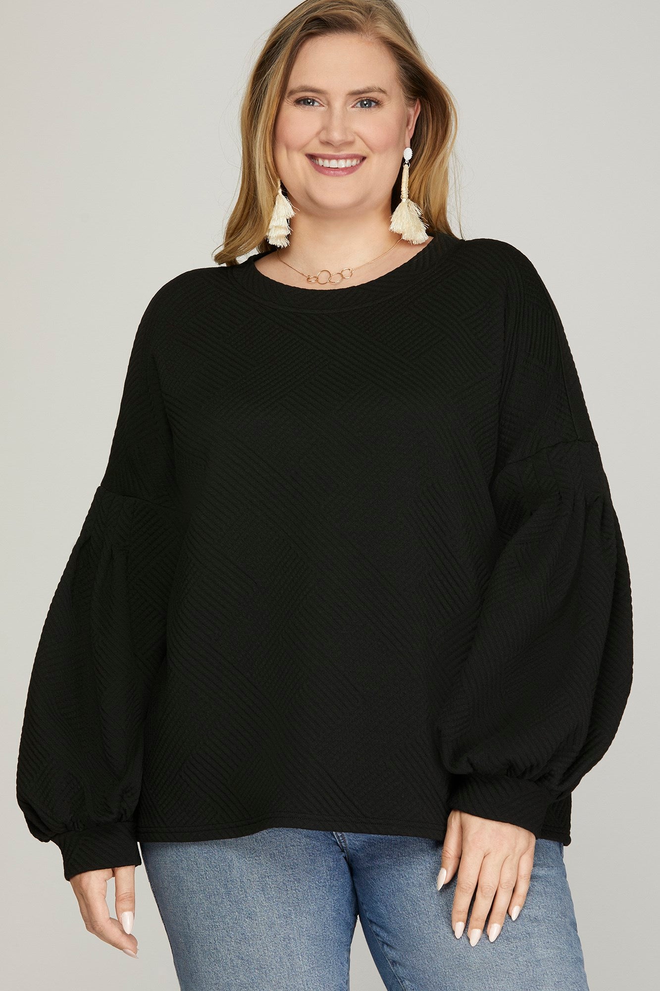 Curvy Bubble Long-sleeve Textured Top