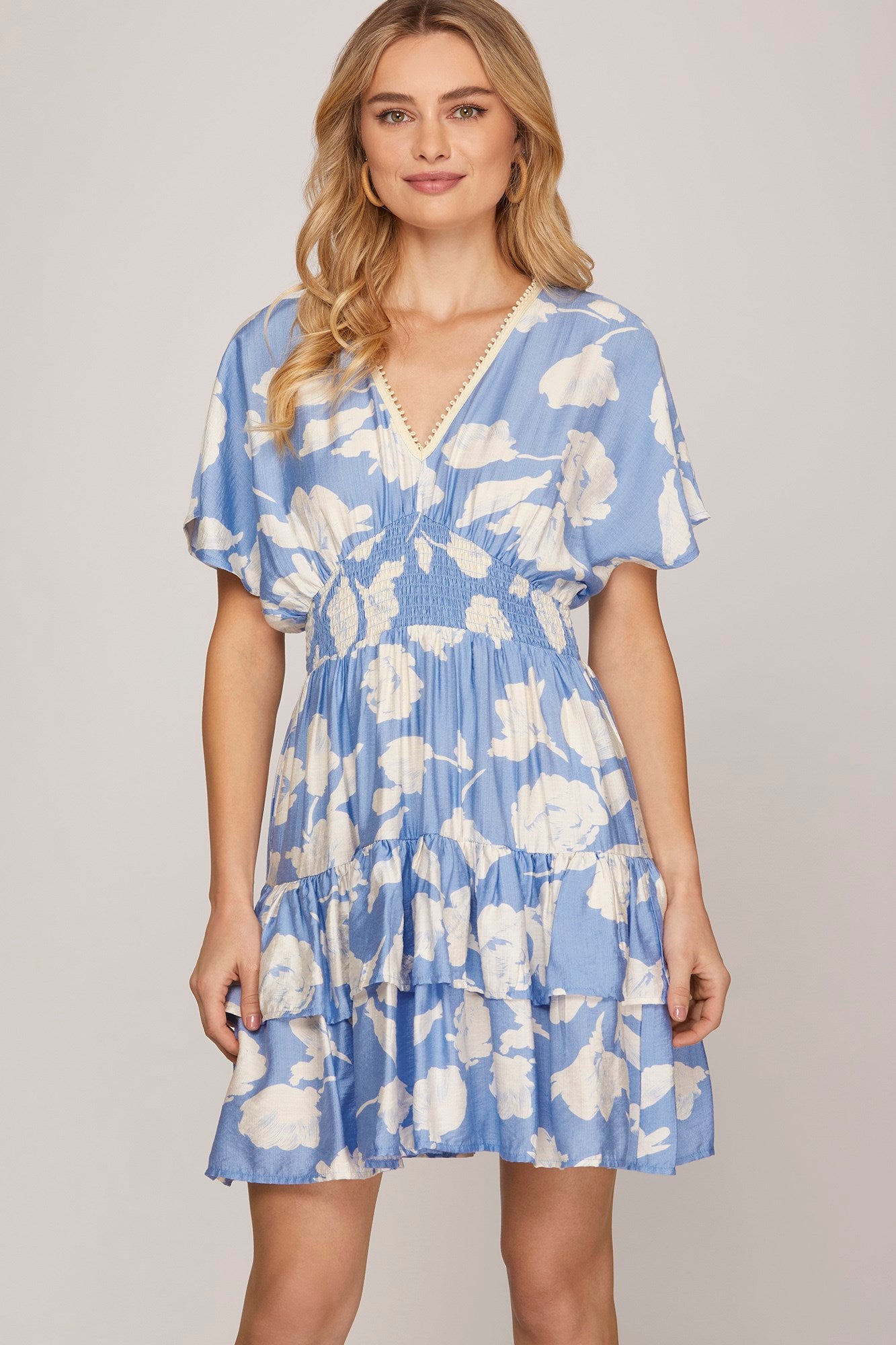 Short sleeve floral print tiered ruffle dress