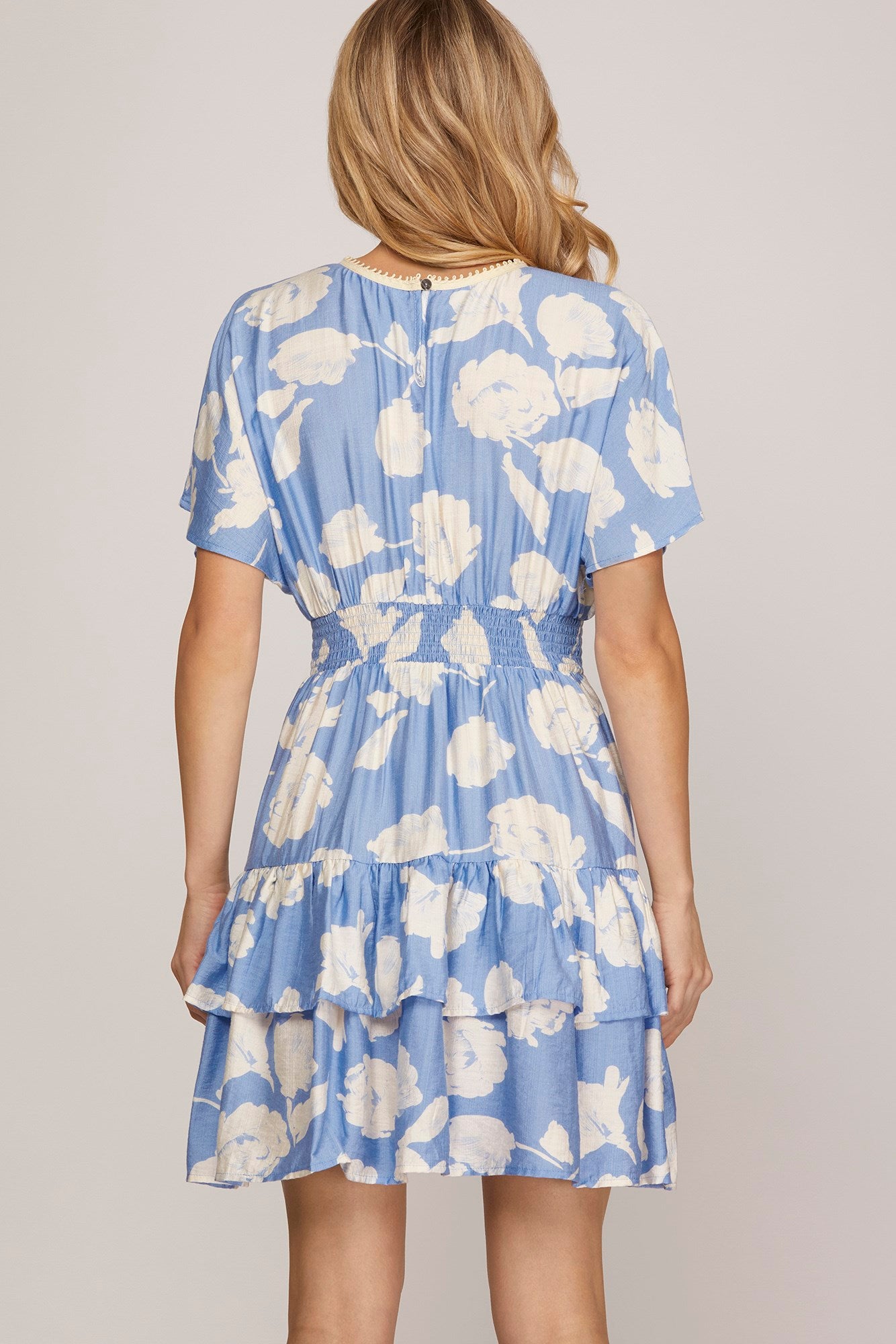 Short sleeve floral print tiered ruffle dress