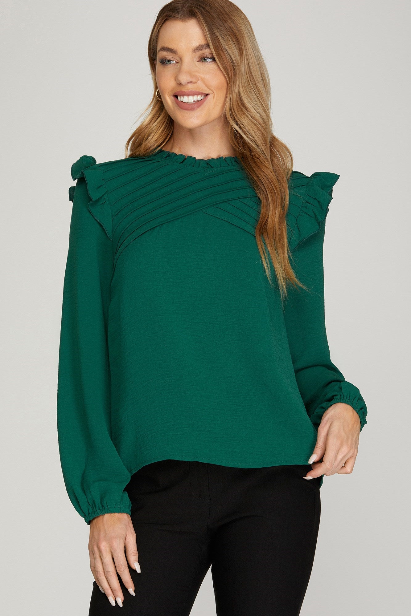 Long-sleeved pintuck detail woven top