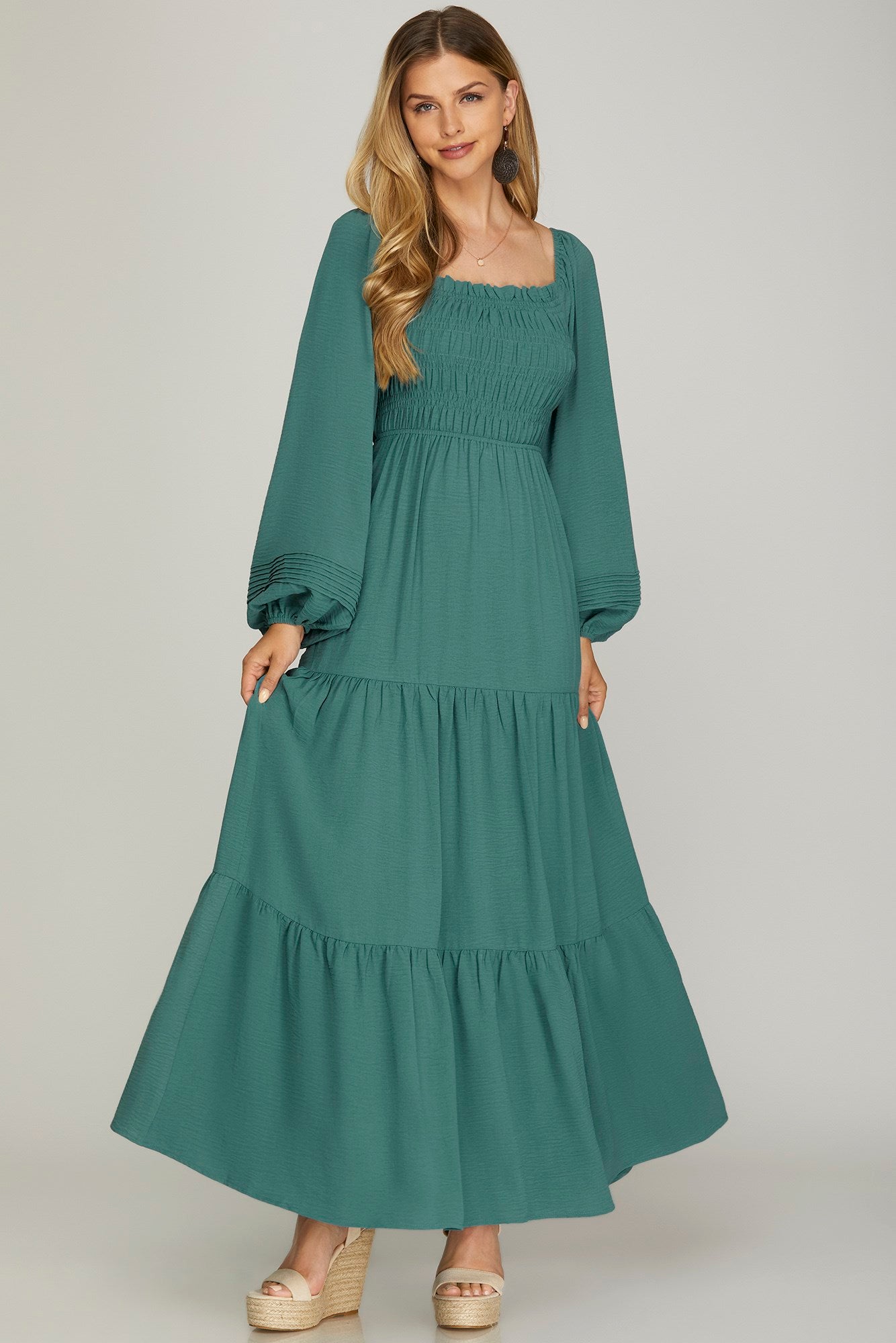 Puffed Long-sleeved Smocked Maxi Dress