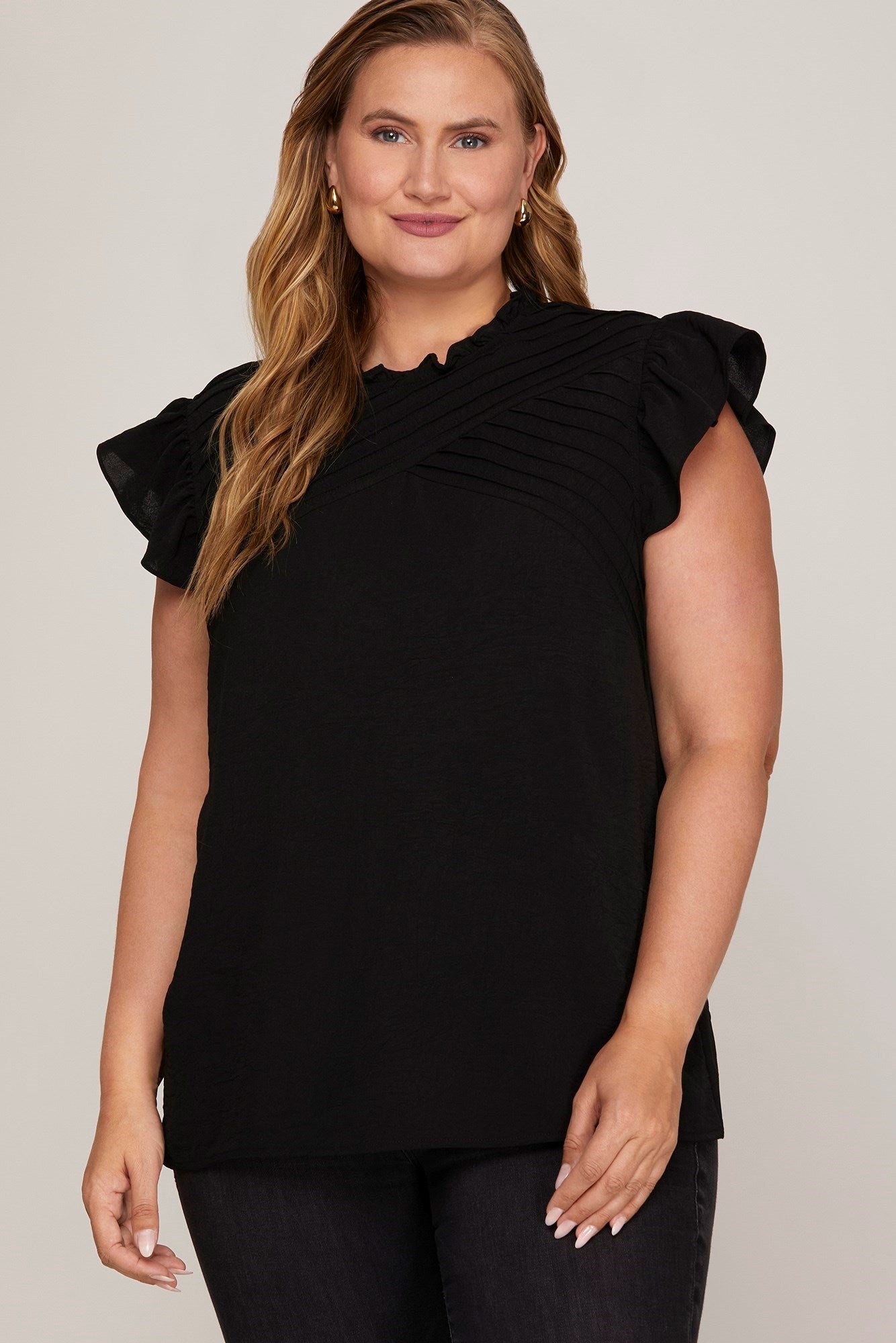 Curvy Ruffle Sleeve Pintuck Top
