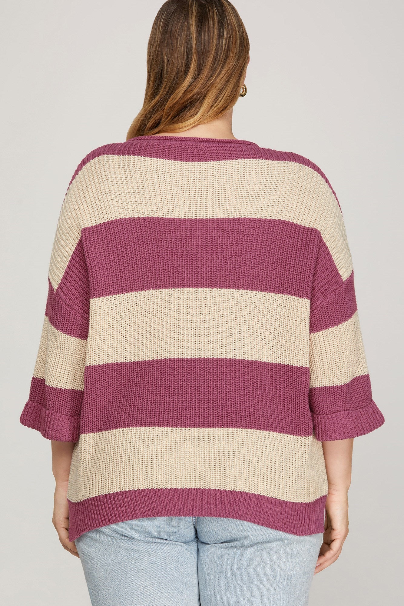 Curvy 3/4 sleeve Striped Sweater